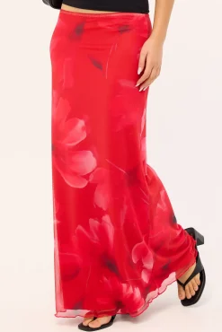 Mindy Mesh Floral Maxi Skirt Red