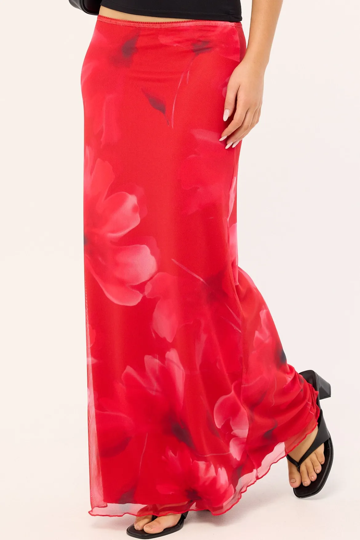 Mindy Mesh Floral Maxi Skirt Red