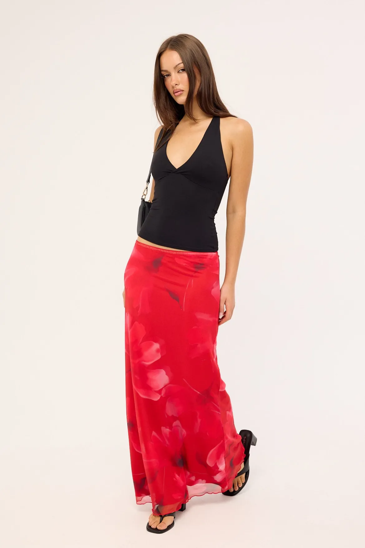 Mindy Mesh Floral Maxi Skirt Red