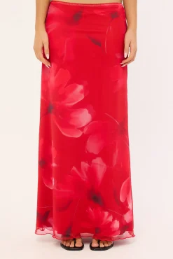 Mindy Mesh Floral Maxi Skirt Red