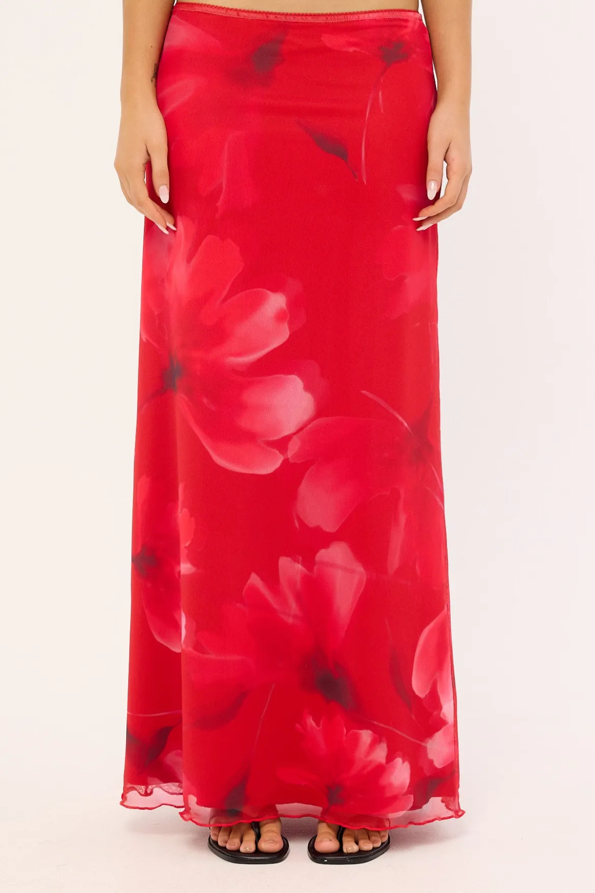 Mindy Mesh Floral Maxi Skirt Red