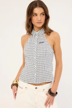 Missy May Sleeveless Check Shirt Egret Blue Check