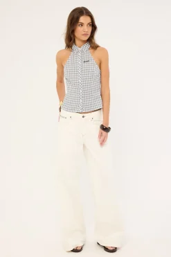 Missy May Sleeveless Check Shirt Egret Blue Check