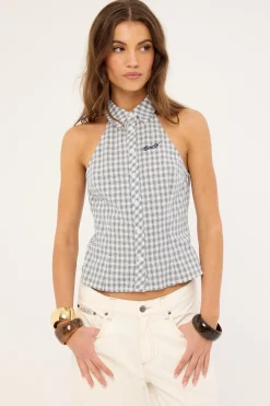Missy May Sleeveless Check Shirt Egret Blue Check