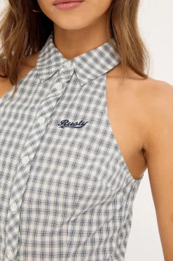 Missy May Sleeveless Check Shirt Egret Blue Check