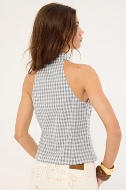 Missy May Sleeveless Check Shirt Egret Blue Check