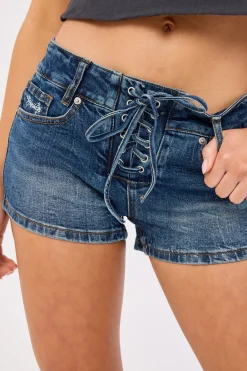 Misty Lace Up Denim Short Mid Blue Denim