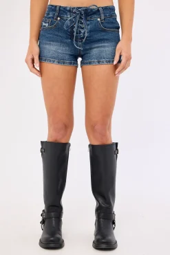 Misty Lace Up Denim Short Mid Blue Denim