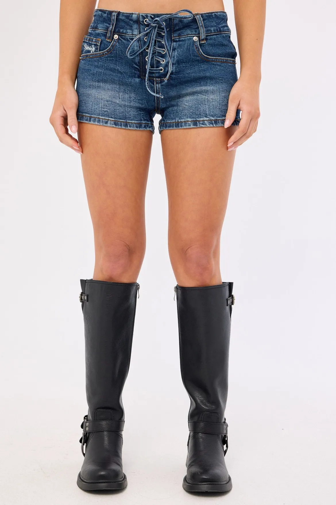 Misty Lace Up Denim Short Mid Blue Denim