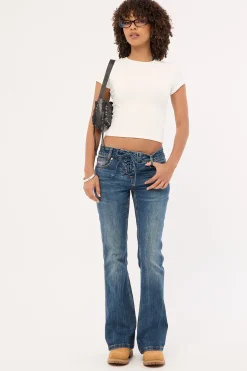 Misty Lace Up Low Bootcut Jean Mid Blue Denim