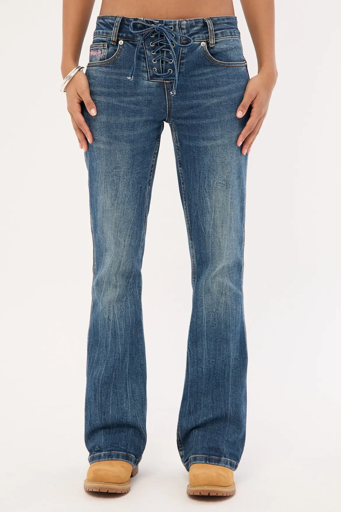 Misty Lace Up Low Bootcut Jean Mid Blue Denim