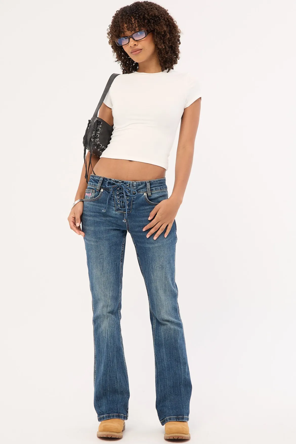 Misty Lace Up Low Bootcut Jean Mid Blue Denim