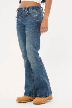 Misty Lace Up Low Bootcut Jean Mid Blue Denim