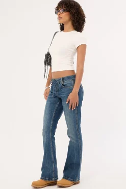 Misty Lace Up Low Bootcut Jean Mid Blue Denim