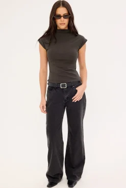 Mock Neck Fitted Tee Charcoal