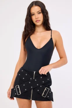 Mode Crossed Belt Mini Skirt Washed Black