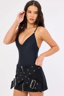 Mode Crossed Belt Mini Skirt Washed Black