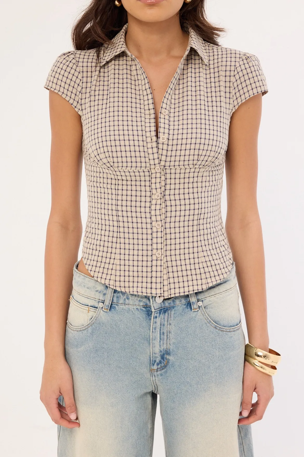 Mon Cheri Blouse Vintage Beige Plaid