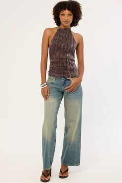 Motel Brienne Top Brown Shimmer Sheer Plisse