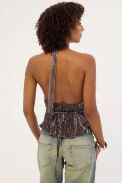 Motel Brienne Top Brown Shimmer Sheer Plisse