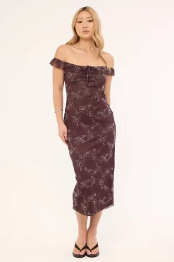 Motel Catrin Dress Doodle Flower Flock Brown