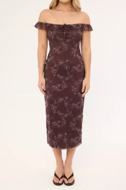 Motel Catrin Dress Doodle Flower Flock Brown
