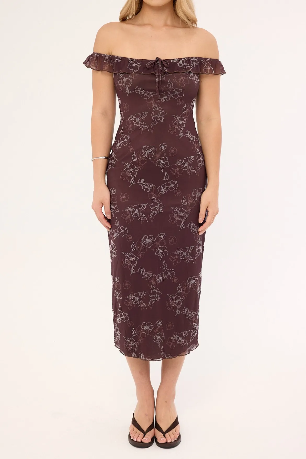 Motel Catrin Dress Doodle Flower Flock Brown