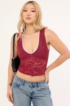 Motel Lihat Top Lace Burgundy With Pink Bind