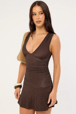Motel Luscian Plunge Mini Dress Micro Polka Brown