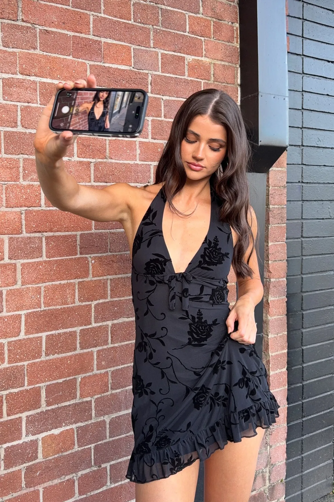 Motel Motya Halterneck Mini Dress Floral Rose Flocked Black