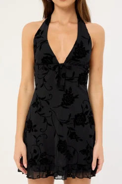 Motel Motya Halterneck Mini Dress Floral Rose Flocked Black
