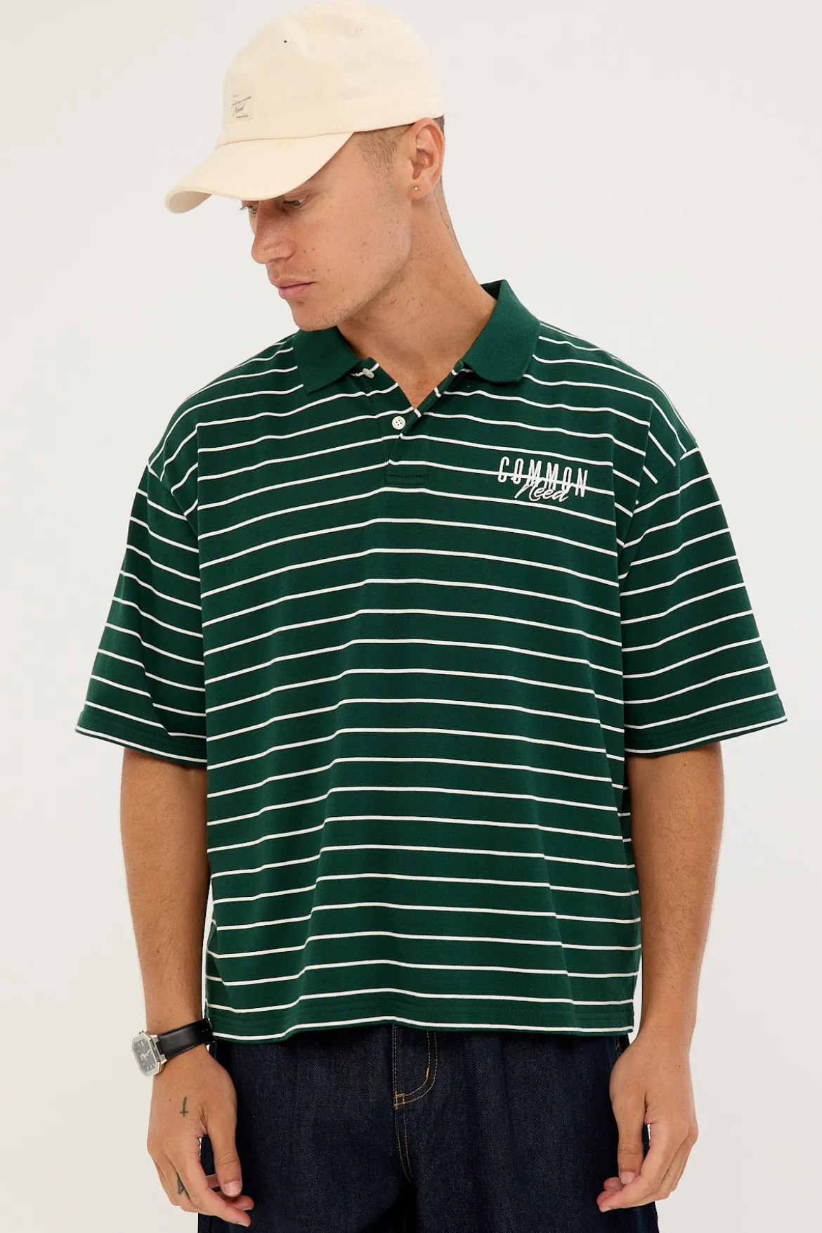 Motive Boxy Cropped Polo Forest Green Stripe