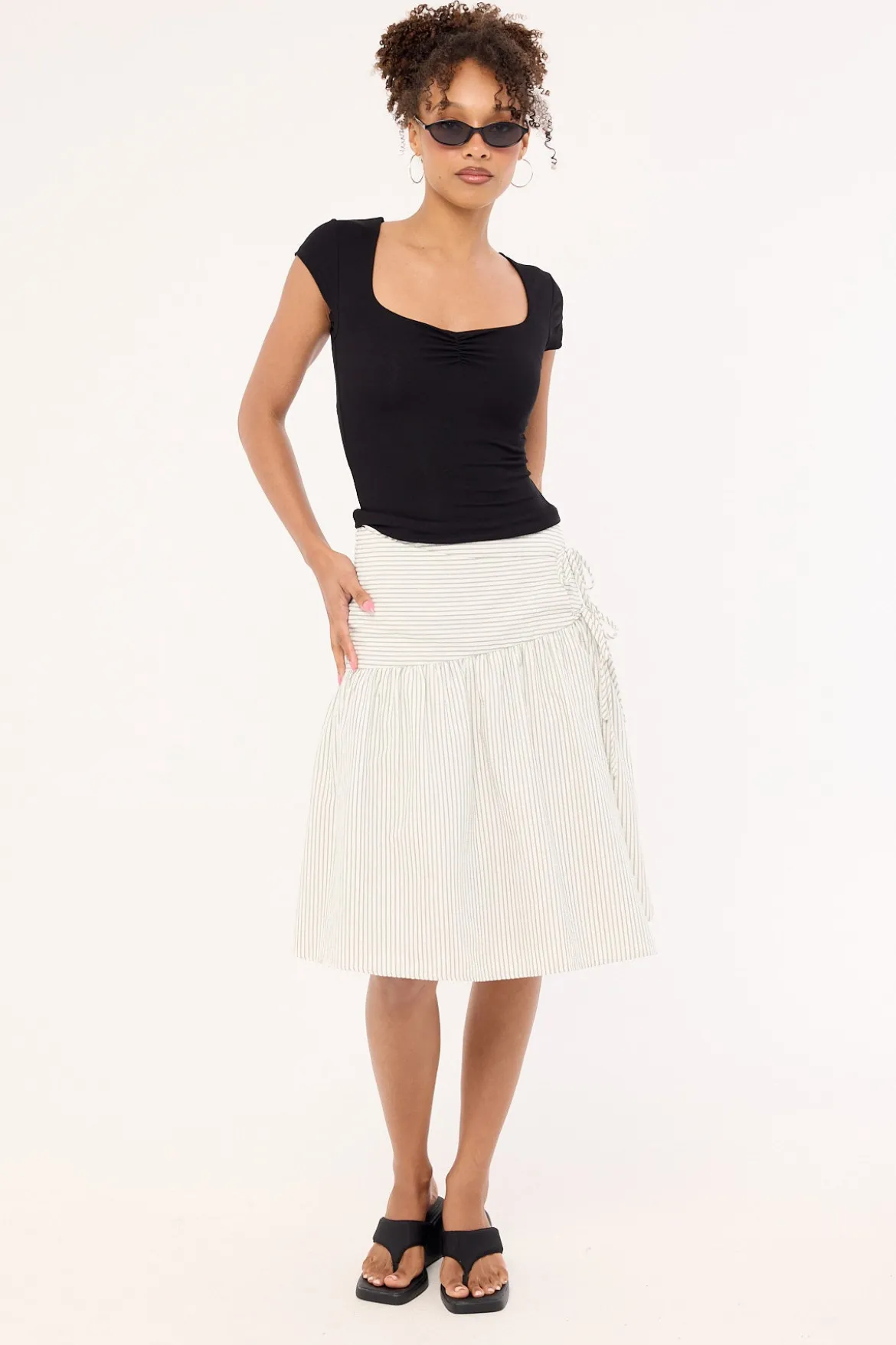 Mysti Wrap Midi Skirt White and Black Stripe