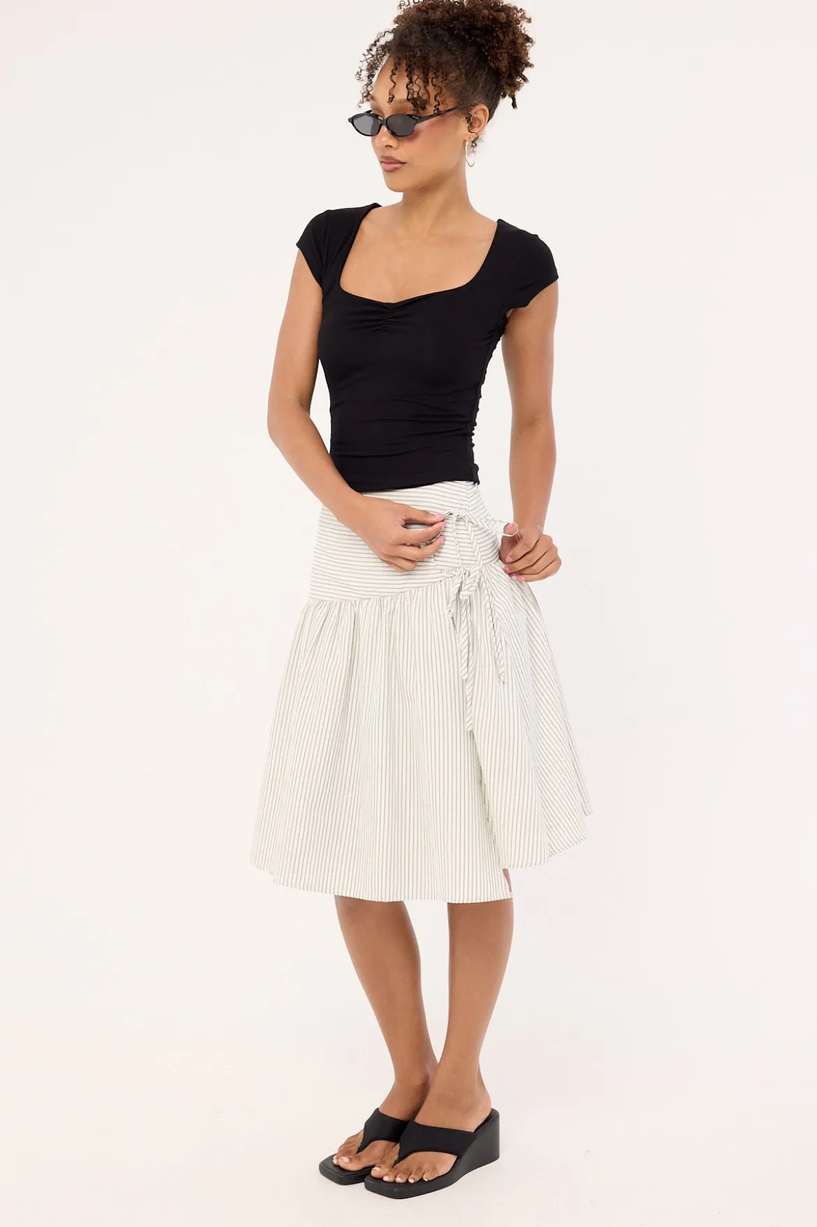 Mysti Wrap Midi Skirt White and Black Stripe