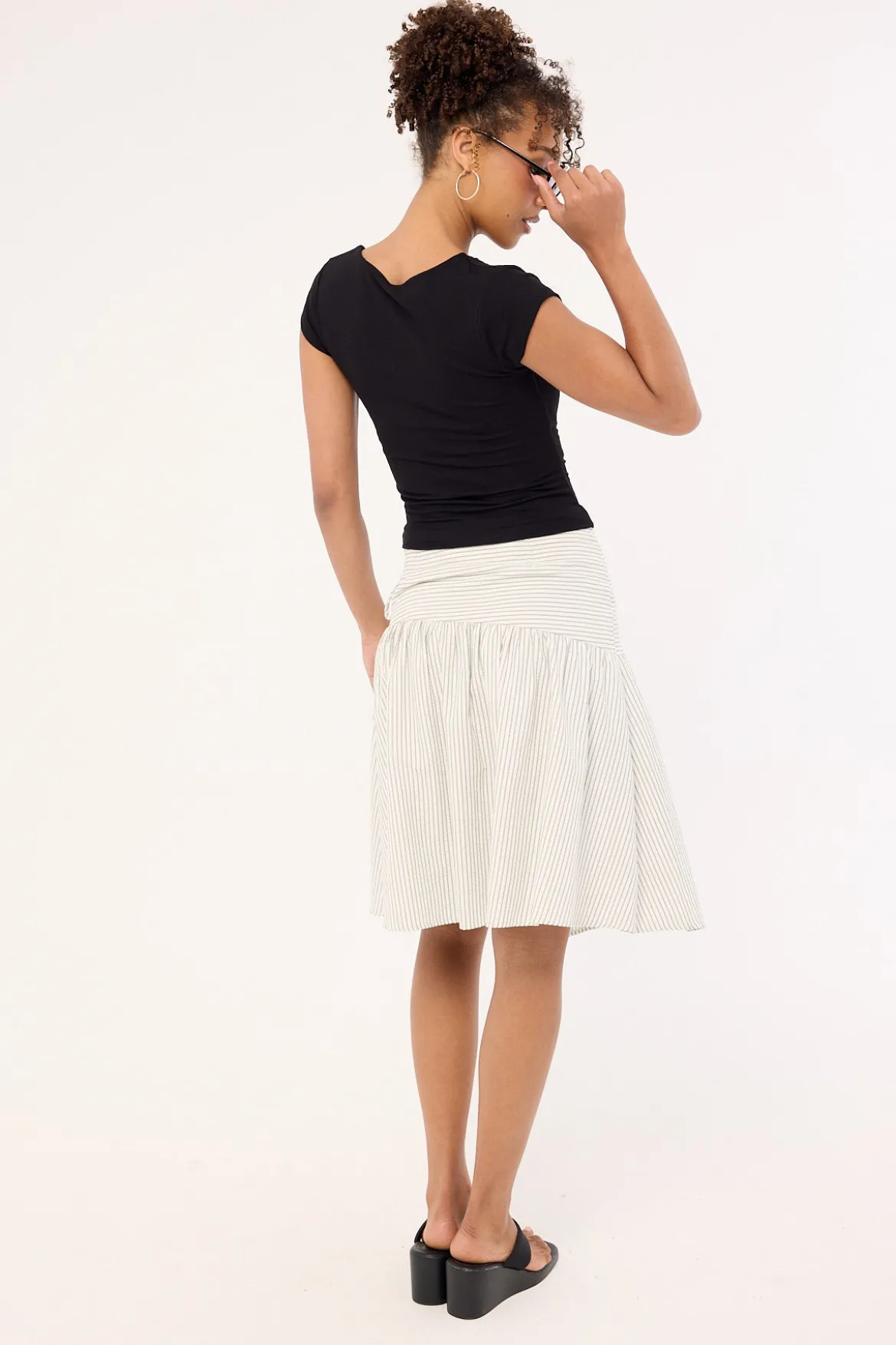 Mysti Wrap Midi Skirt White and Black Stripe