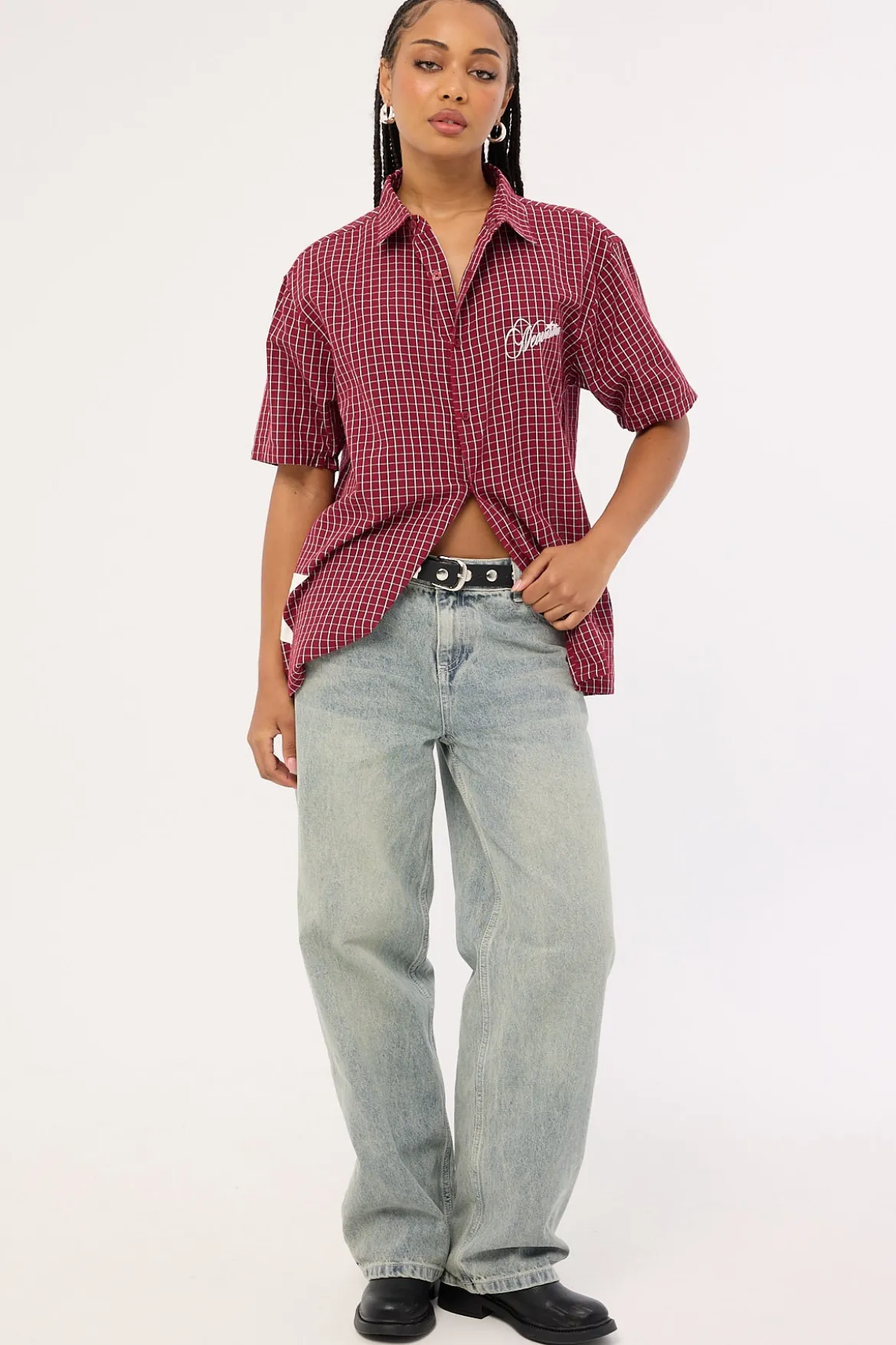 Nebula Oversize Shirt Burgundy Check