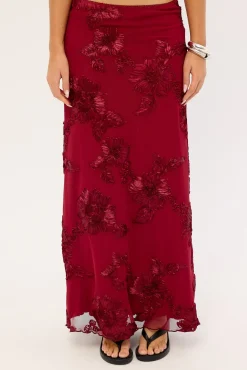 Nia Applique Mid Rise Maxi Skirt Burgundy