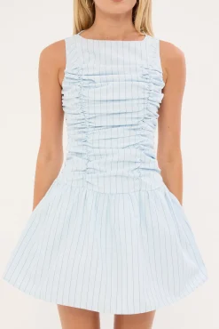 Nikki Gathered High Neck Mini Dress Blue Stripe