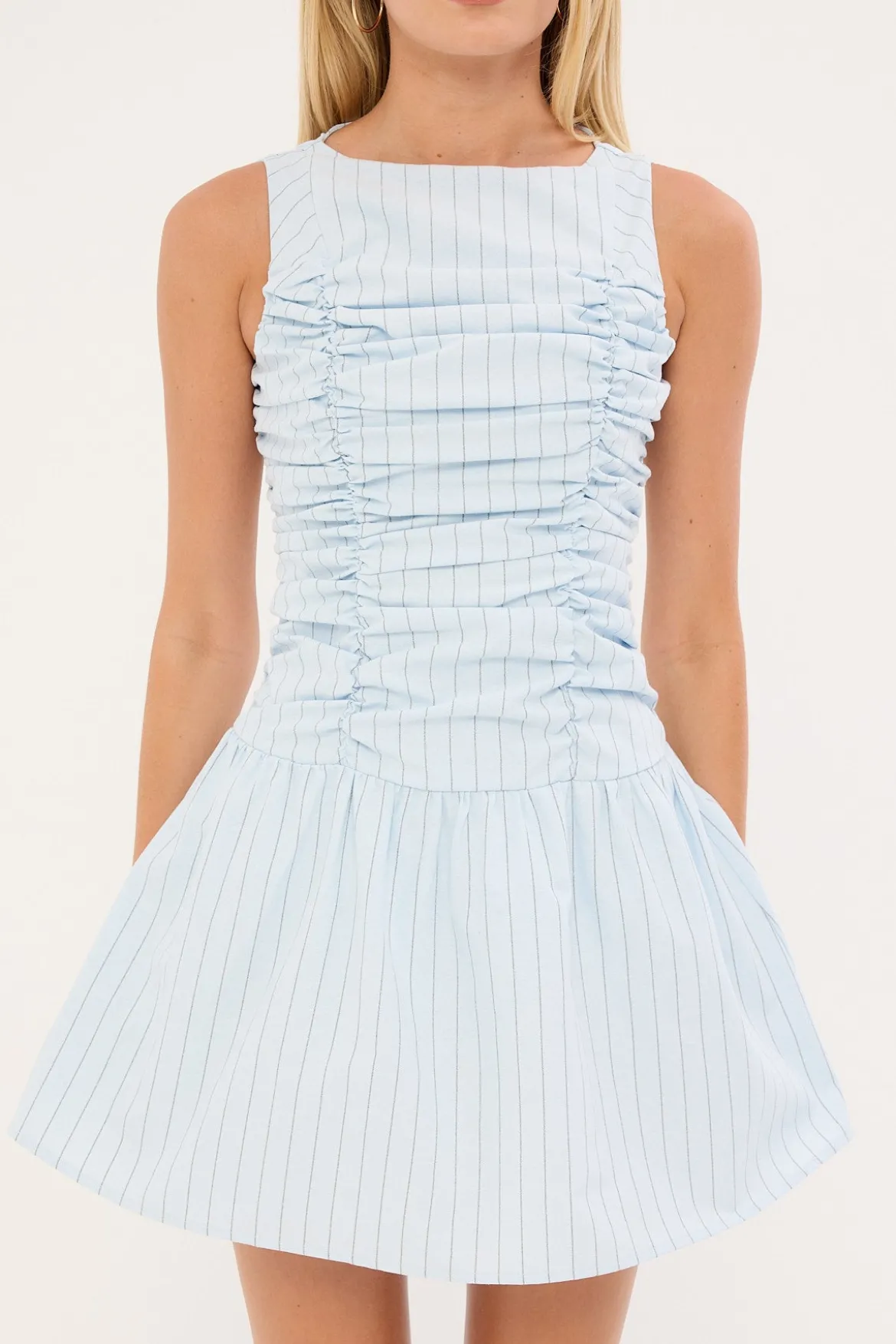 Nikki Gathered High Neck Mini Dress Blue Stripe