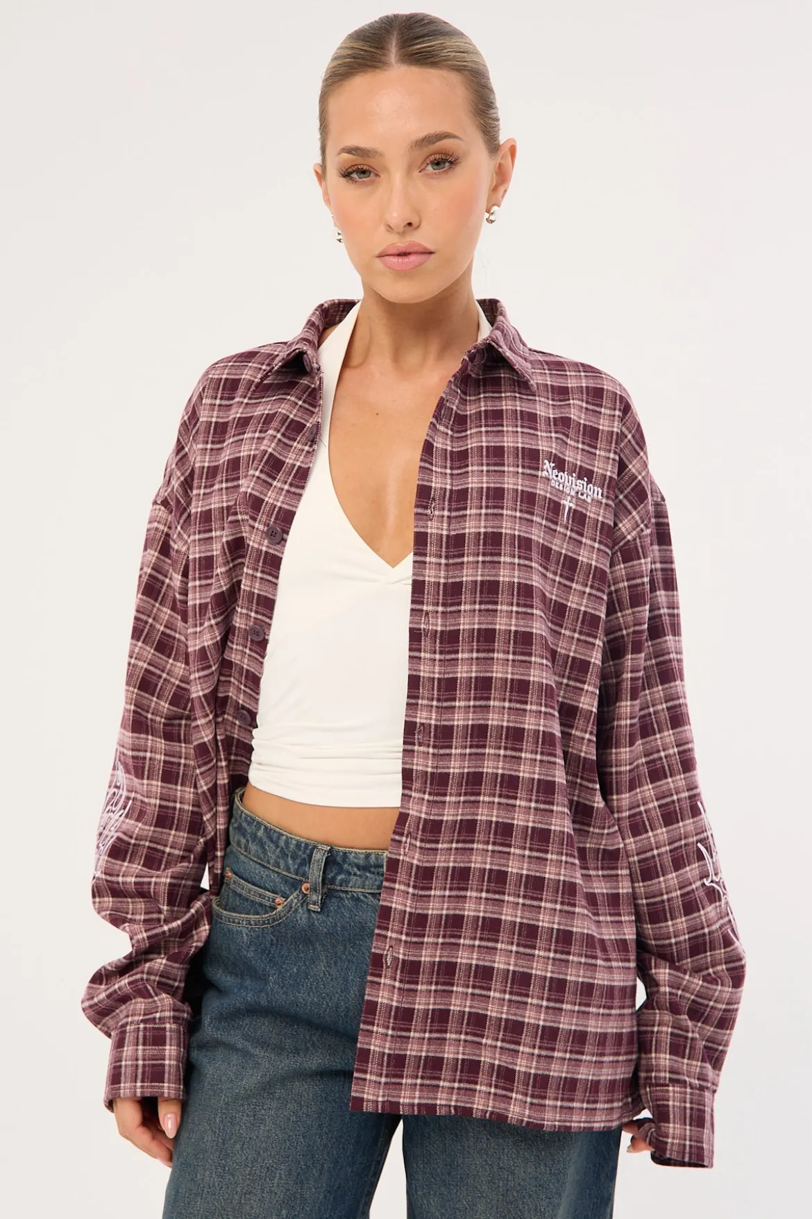 Nomadix Oversize Long Sleeve Shirt Purple Check