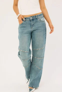 Notebook Studded Low Rise Jean Mid Blue Denim