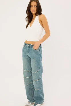 Notebook Studded Low Rise Jean Mid Blue Denim