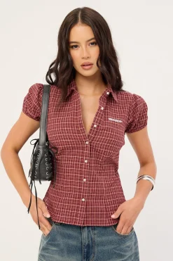 Nova Button Up Blouse Burgundy Check