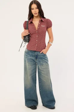 Nova Button Up Blouse Burgundy Check