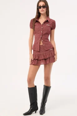 Nova Double Pleat Skort Burgundy Check