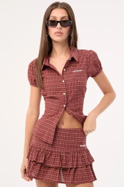 Nova Double Pleat Skort Burgundy Check