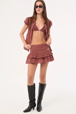 Nova Smocked Tie Up Bralette Burgundy Check