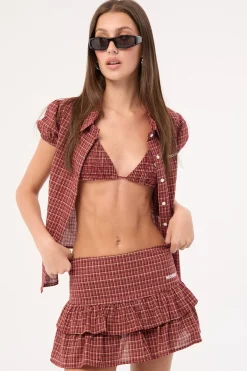 Nova Smocked Tie Up Bralette Burgundy Check