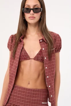 Nova Smocked Tie Up Bralette Burgundy Check