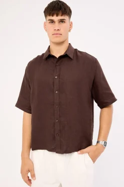 Oasis Boxy Cropped Linen Shirt Dark Brown